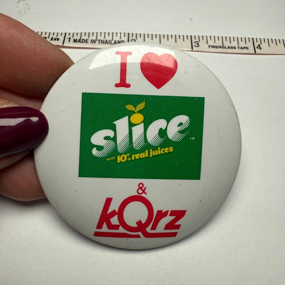 Vintage I ❤️ Slice & kQrz‎ Soda Advertising Button Pin 2.5" Retro 1980s Promo